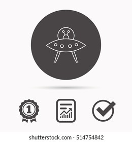 UFO icon. Unknown flying object sign. Martians symbol. Report document, winner award and tick. Round circle button with icon. Vector