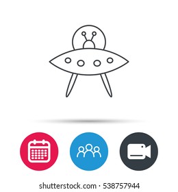 UFO icon. Unknown flying object sign. Martians symbol. Group of people, video cam and calendar icons. Vector