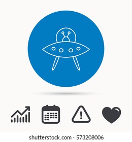 UFO icon. Unknown flying object sign. Martians symbol. Calendar, attention sign and growth chart. Button with web icon. Vector