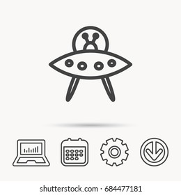 UFO icon. Unknown flying object sign. Martians symbol. Notebook, Calendar and Cogwheel signs. Download arrow web icon. Vector