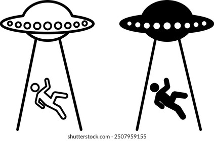 UFO Icons. Black and White Vector Icons. Aliens Take Human to Alien Ship