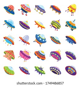 UFO icons set. Cartoon set of UFO vector icons for web design