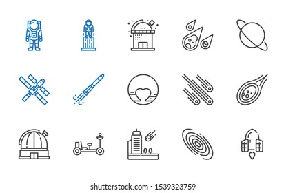 ufo icons set. Collection of ufo with spaceship, galaxy, meteorite, moon rover, observatory, meteorites, pluto, rocket ship, space station, uranus. Editable and scalable ufo icons.