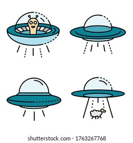 UFO icons set. Outline set of UFO vector icons thin line color flat isolated on white