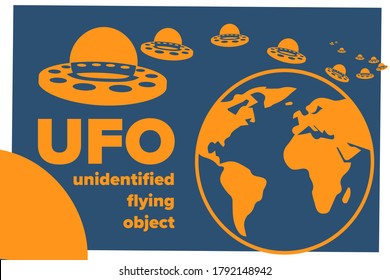 Ufo illustration flat poster orange blue. Extraterrestrial poster. Ufo floating. July 2 UFO day. World UFO day. Aliens vector. EPS 10.