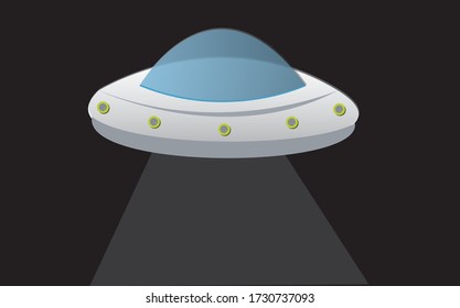 Ufo illustration. Flying saucer. Cartoon stamp in vector illustration. Isolated on black background. Alien spacecraft