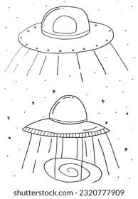 UFO illustration image. 
Hand drawn image artwork of space ship. 
Simple cute original logo.
Hand drawn vector illustration for posters, cards, t-shirts.