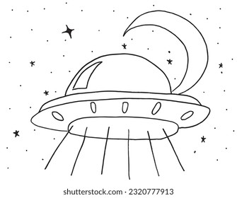 Imagen de ilustración OVNI. 
Obra de imágenes a mano de una nave espacial. 
Simple y lindo logo original.
Ilustración vectorial dibujada a mano para afiches, tarjetas, camisetas.