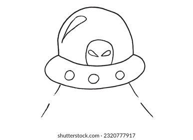 Imagen de ilustración OVNI. 
Obra de imágenes a mano de una nave espacial. 
Simple y lindo logo original.
Ilustración vectorial dibujada a mano para afiches, tarjetas, camisetas.