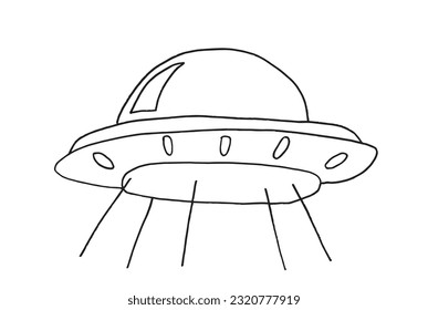 Imagen de ilustración OVNI. 
Obra de imágenes a mano de una nave espacial. 
Simple y lindo logo original.
Ilustración vectorial dibujada a mano para afiches, tarjetas, camisetas.