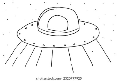 Imagen de ilustración OVNI. 
Obra de imágenes a mano de una nave espacial. 
Simple y lindo logo original.
Ilustración vectorial dibujada a mano para afiches, tarjetas, camisetas.