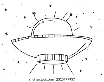 Imagen de ilustración OVNI. 
Obra de imágenes a mano de una nave espacial. 
Simple y lindo logo original.
Ilustración vectorial dibujada a mano para afiches, tarjetas, camisetas.