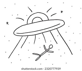 Imagen de ilustración OVNI. 
Obra de imágenes a mano de una nave espacial. 
Simple y lindo logo original.
Ilustración vectorial dibujada a mano para afiches, tarjetas, camisetas.