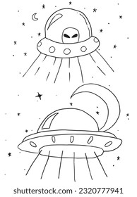 Imagen de ilustración OVNI. 
Obra de imágenes a mano de una nave espacial. 
Simple y lindo logo original.
Ilustración vectorial dibujada a mano para afiches, tarjetas, camisetas.