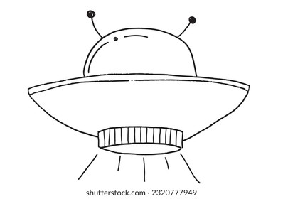 Imagen de ilustración OVNI. 
Obra de imágenes a mano de una nave espacial. 
Simple y lindo logo original.
Ilustración vectorial dibujada a mano para afiches, tarjetas, camisetas.