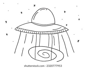 Imagen de ilustración OVNI. 
Obra de imágenes a mano de una nave espacial. 
Simple y lindo logo original.
Ilustración vectorial dibujada a mano para afiches, tarjetas, camisetas.