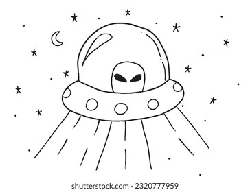 Imagen de ilustración OVNI. 
Obra de imágenes a mano de una nave espacial. 
Simple y lindo logo original.
Ilustración vectorial dibujada a mano para afiches, tarjetas, camisetas.