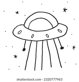 Imagen de ilustración OVNI. 
Obra de imágenes a mano de una nave espacial. 
Simple y lindo logo original.
Ilustración vectorial dibujada a mano para afiches, tarjetas, camisetas.