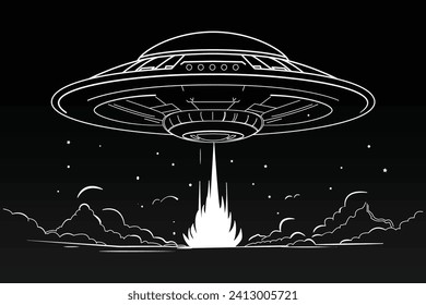 ufo illustration with white style lines black background