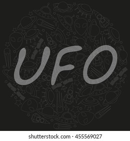 UFO  inscription on the background of spaceships and planets