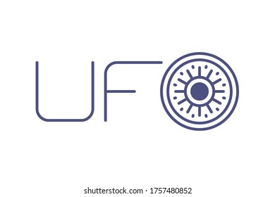 UFO inscription with stylized o letter. Unknown flying object concept. Blue thin line logo. Flat style vector illustration isolated on white background.