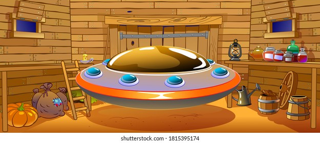 UFO Inside barn. Vector illustration.