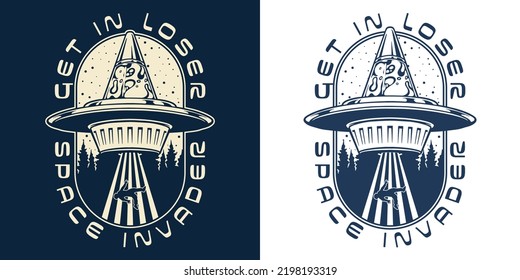 UFO invader monochrome vintage label unidentified flying saucer with aliens from outer space abducted person with laser beam vector illustration