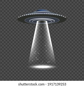 UFO invasion. Alien spaceship, realistic space object with rays. Flying ship, lights and glow vector elements