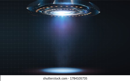 UFO isolated on black. Realistic alien spaceship with blue light beam, futuristic sci fi unidentified spacecraft. Vector Illustration.