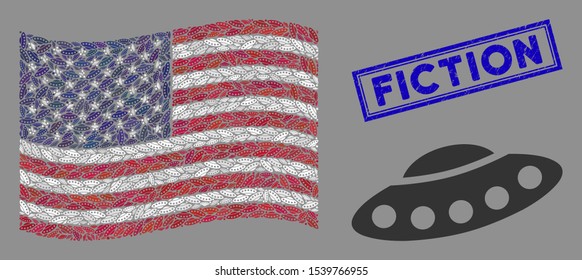 UFO items are organized into USA flag abstraction with blue rectangle corroded stamp watermark of Fiction text. Vector concept of USA waving official flag is organized with UFO items.