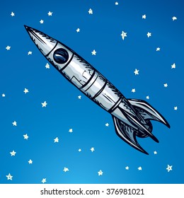 Ufo jet booster velocity rocketship vessel start takeoff send to orbit mission. Freehand outline ink drawn icon sketchy in scribble retro style pen on paper with space for text on blue sky background