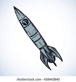 Ufo jet booster velocity rocketship vessel start takeoff send to orbit mission. Freehand outline ink drawn icon sketchy in scribble retro style pen on paper with space for text on blue sky background