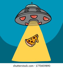 UFO kidnap piece of pizza cartoon vector illustration