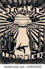 UFO kidnapping flyer monochrome vintage mysterious alien attack on city and invader people by laser light vector illustration