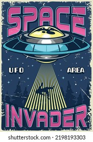 UFO kidnapping vintage poster colorful flying saucer steals person with incredible laser light and space invader heading vector illustration