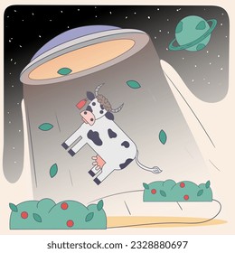 Un ufo secuestra a una vaca, un dibujo plano de color al estilo memphis corporativos, para realizar experimentos y estudiar a un animal