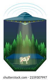 UFO kidnaps cow from field at night. Colorful vector illustration.