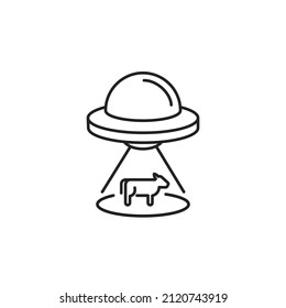 UFO kidnaps a cow icon. High quality black vector illustration.