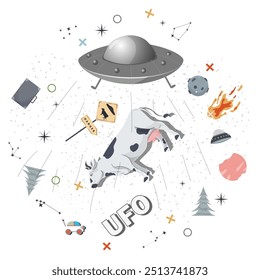 Ufo rapta uma vaca, ilustração plana redonda de crianças rabiscos