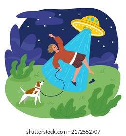 UFO kidnaps a man. An alien attack on earth. A flying saucer. walking with the dog
