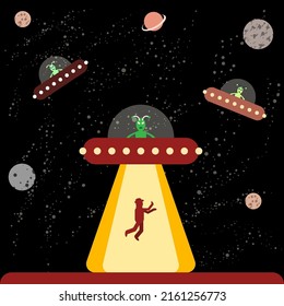 UFO kidnaps a man. Aliens attack vector illustration. Aliens abduct a person. Spaceship UFO beam of light in the night sky. UFO day. Aliens on the planet earth. Newcomer are attacking planet earth.