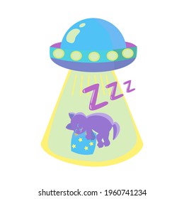 UFO kidnaps sleeping cat vector cartoon isolated illustration on white background