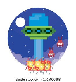 ufo launcher in space scene 8 bits pixelated vector illustration design