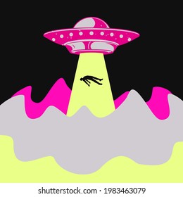 A UFO lifts a person up with a beam from a crater. Flat illustration of neon colors.