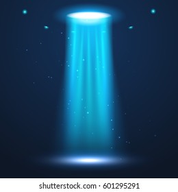 UFO light beam. Alien transport futuristic bright light in dark. UFO spaceship isolated glow effect design.