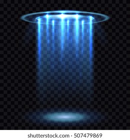 UFO light beam, aliens futuristic spacecraft isolated on transparent checkered background vector illustration. Saucer transport in dark