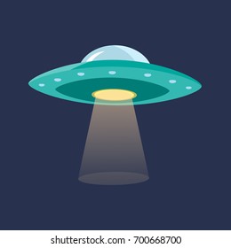 UFO with Light Beam Dark Background Flat Design