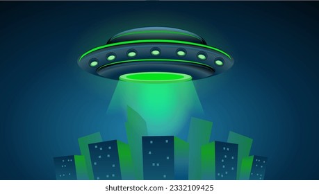 UFO with a light beam flying over the city