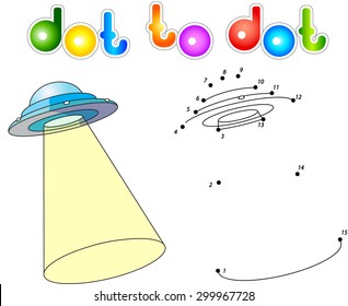 UFO with light beam. Flying saucer. Connect dots and get image. Educational game for kids. Vector illustration