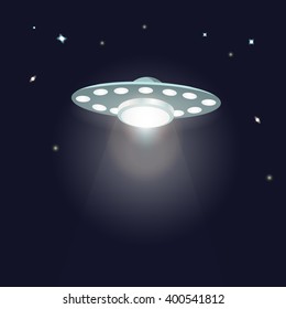 UFO with light beam landing. Flying saucer. Alien Spaceship flight. Alien unidentified ship in universe. Symbol of galaxy spaceship with blue rays. Abduction visitors sign emblem. Vector illustration